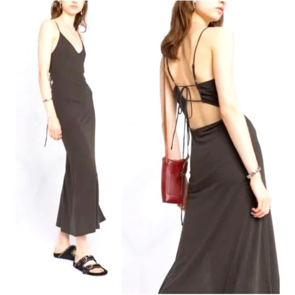 New ba&sh Jaina lyocell/cotton Strappy‎ Backless Midi Dress 3/L Dark Gray